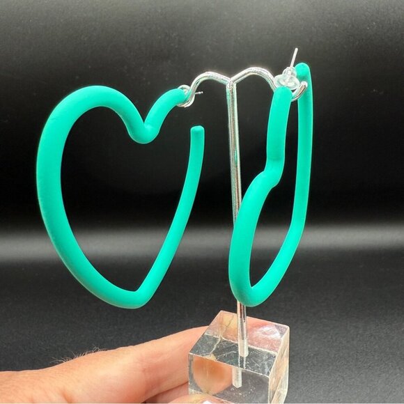 Large Teal Green Heart Hoop Earrings - Pierced - Picture 10 of 10